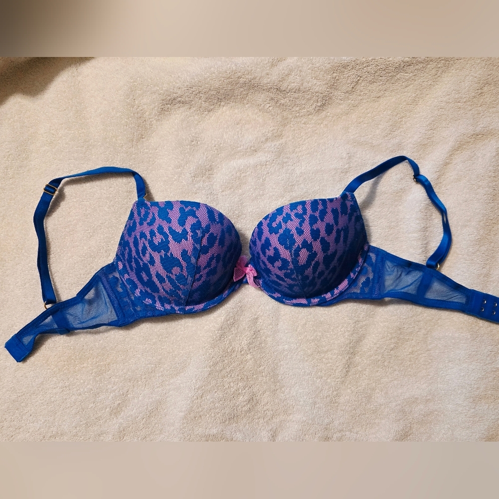 Stylish Blue and Pink Leopard Print Bra